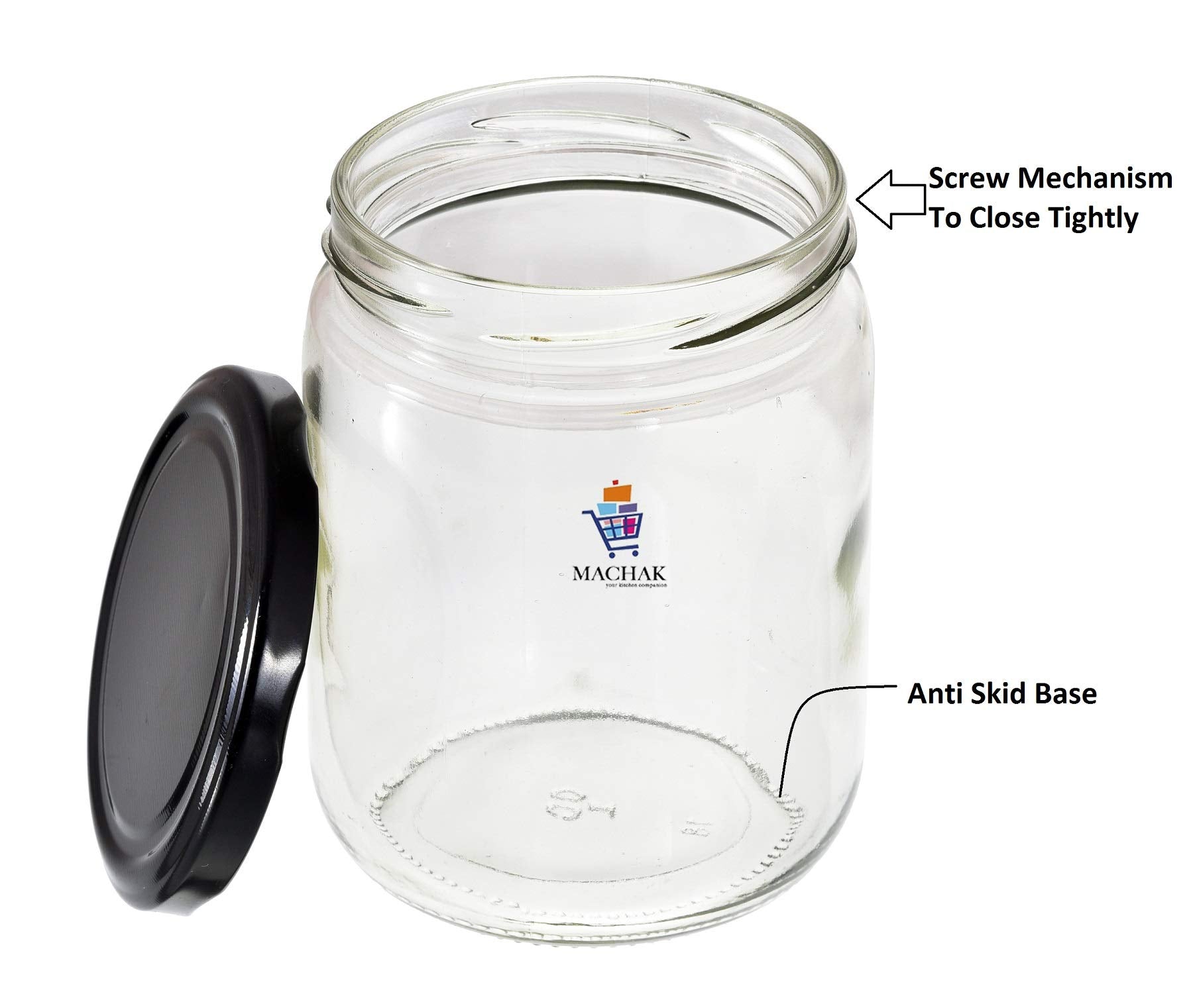 Machak Kitchen Storage Glass Jar For Kitchen With Air Tight Black Cap, 500Ml, Clear (8)